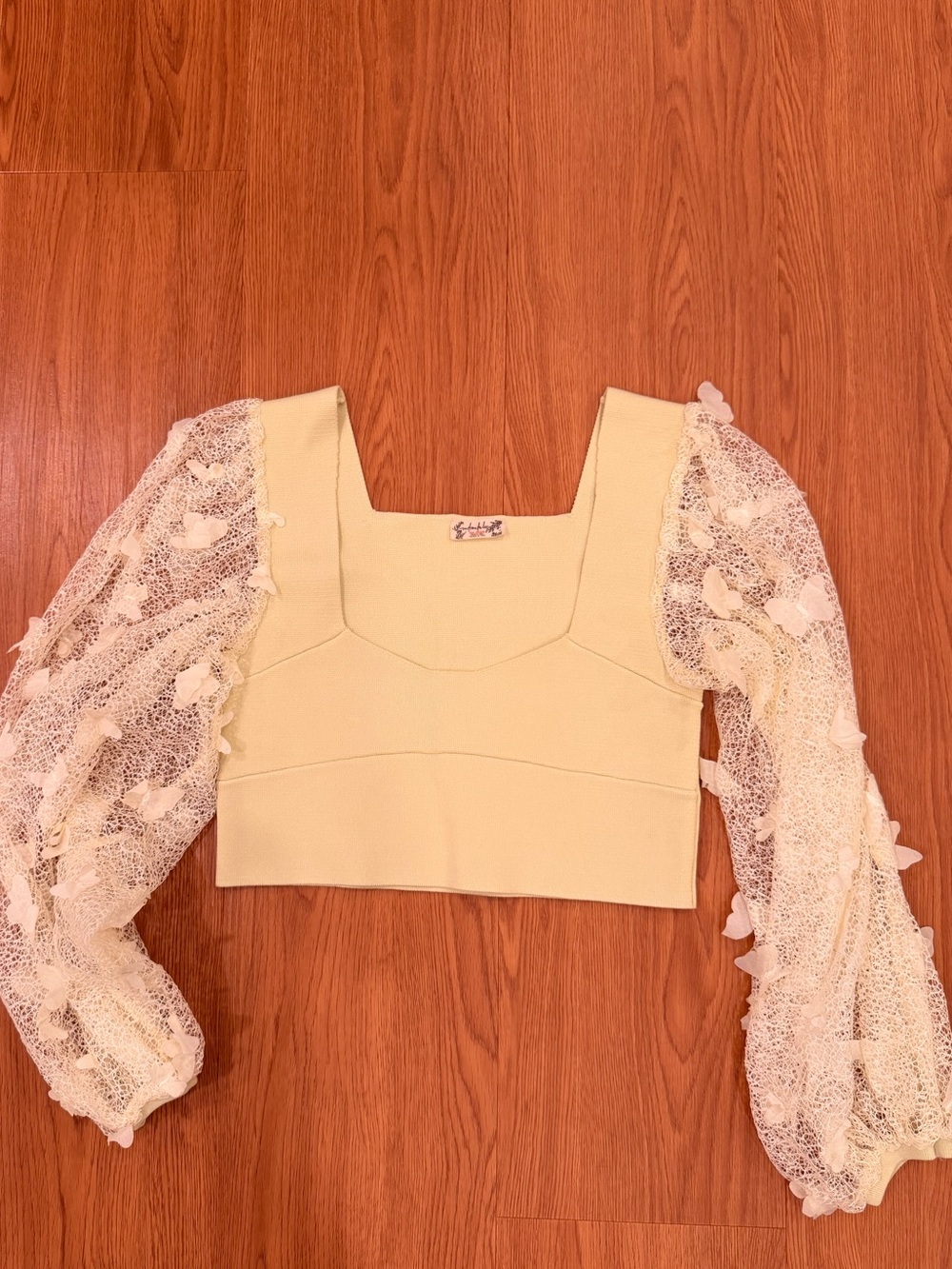 Yellow Square-Neck Crop Top with Lace Puff Sleeves and Butterfly Apliques